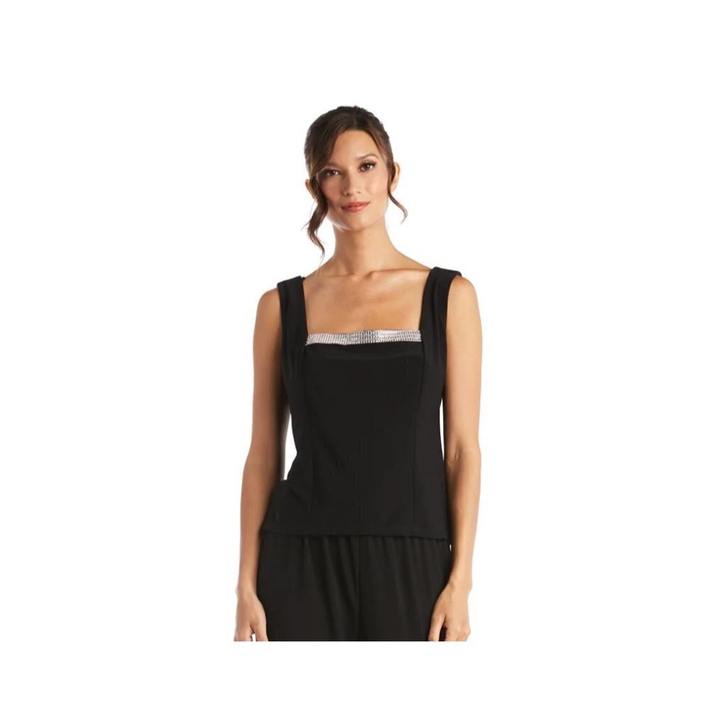 R & M Richards Womens Size Small Sleeveless Blouse with Rhinestone Trim in Black
